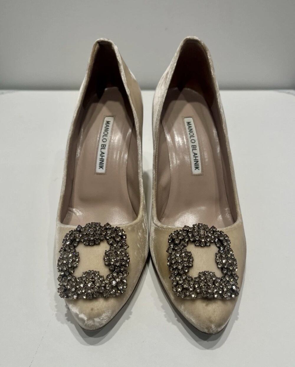 Manolo Blahnik Hangisi Champagne Velvet Pumps Crystal Embellished Buckles 37